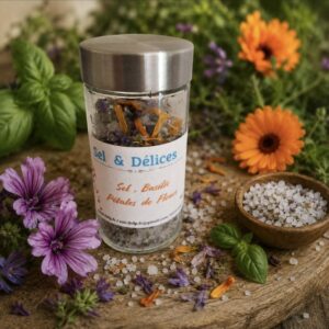 Sel aromatique - Basilic & pétales de fleurs - Emi. Les Bienfaits des Plantes, fait main en Vendée
