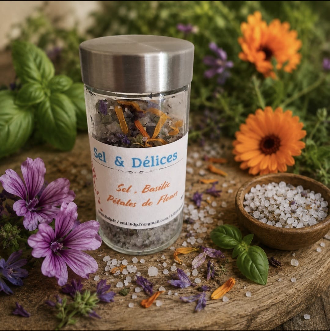 Sel aromatique - Basilic & pétales de fleurs - Emi. Les Bienfaits des Plantes, fait main en Vendée
