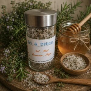 Sel aromatique - Miel, romarin & thym - Emi. Les Bienfaits des Plantes, fait main en Vendée