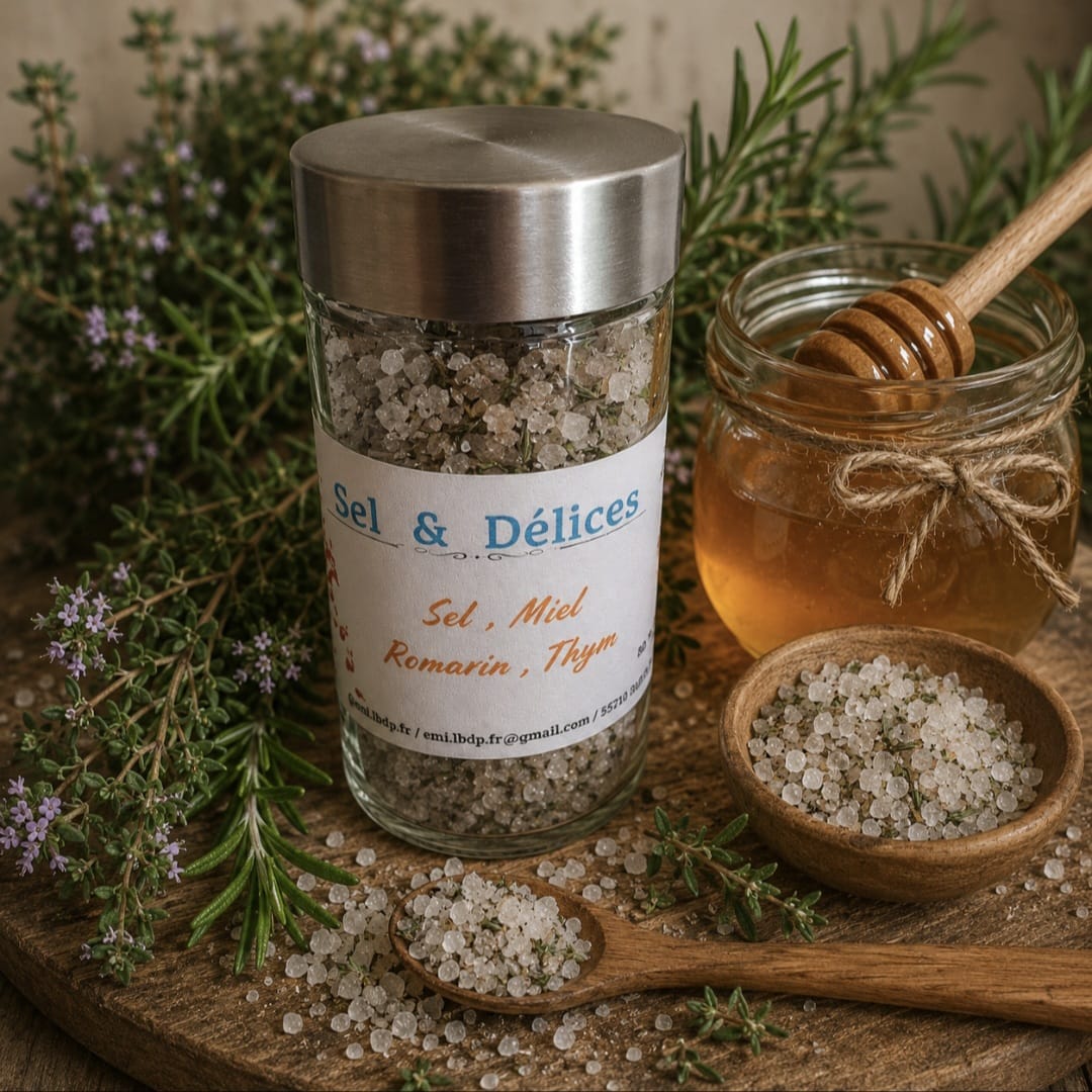 Sel aromatique - Miel, romarin & thym - Emi. Les Bienfaits des Plantes, fait main en Vendée
