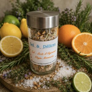 Sel aromatique - Zeste d'agrumes, thym & romarin - Emi. Les Bienfaits des Plantes, fait main en Vendée