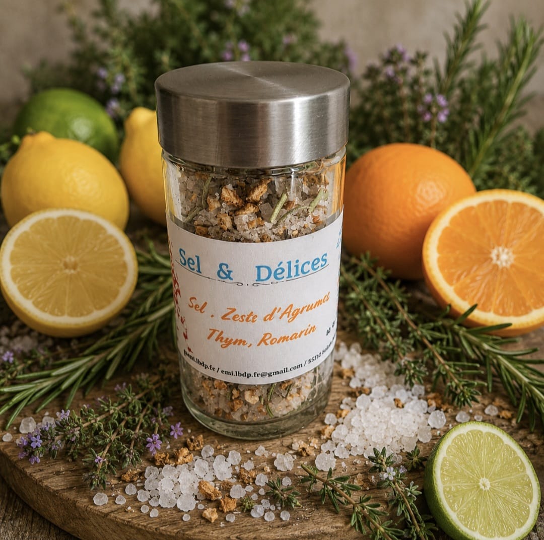 Sel aromatique - Zeste d'agrumes, thym & romarin - Emi. Les Bienfaits des Plantes, fait main en Vendée